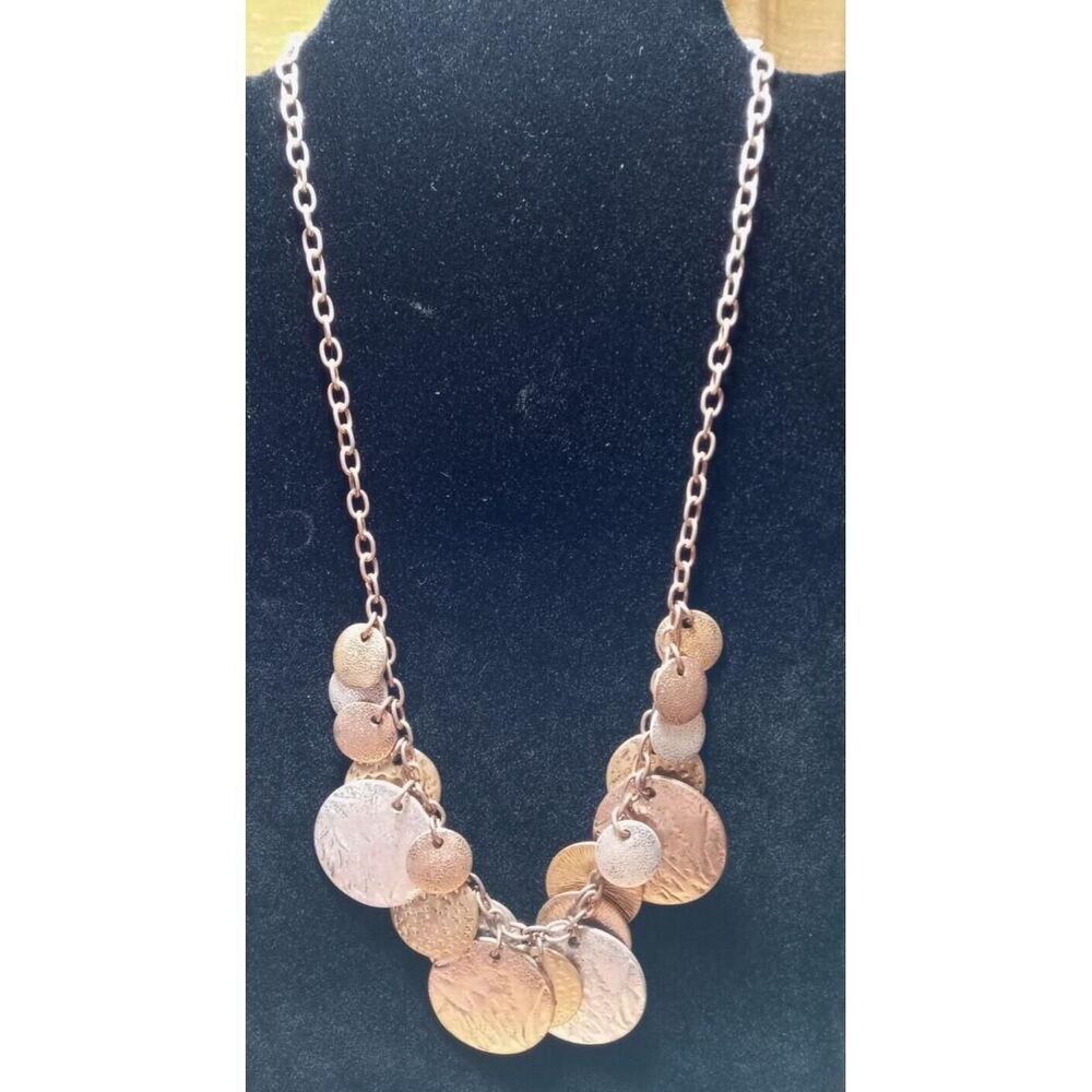 Vintage Necklace Gold & Silver Tone Hammered Disks Charms 11" 70s Boho Chunky